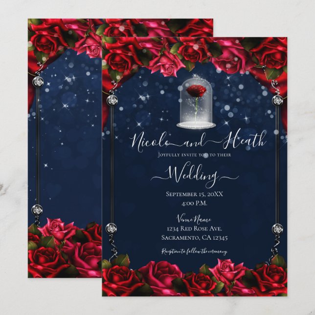 Invitation Rose Rouge Magique Mariage Blanc Or Argent Bleu  (Devant / Derrière)