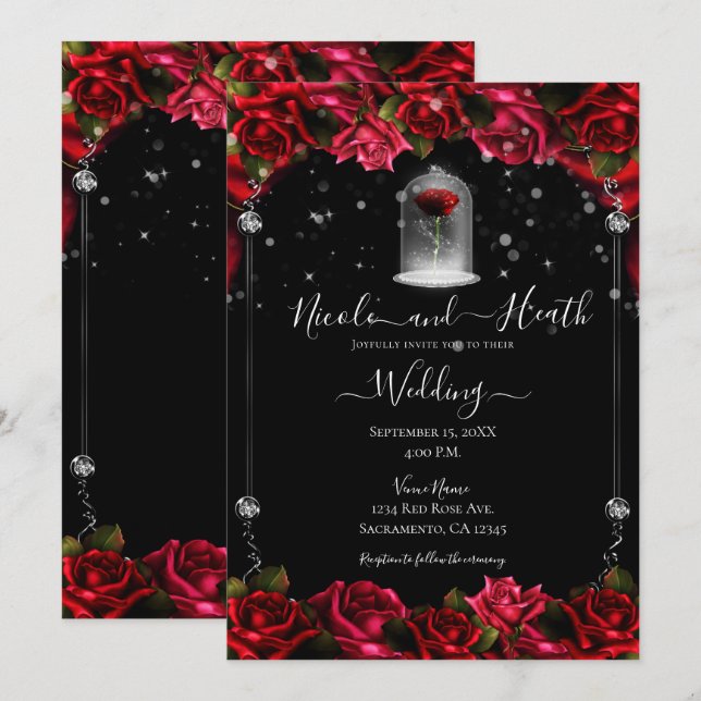 Invitation Rose rouge magique mariage blanc or argent noir (Devant / Derrière)