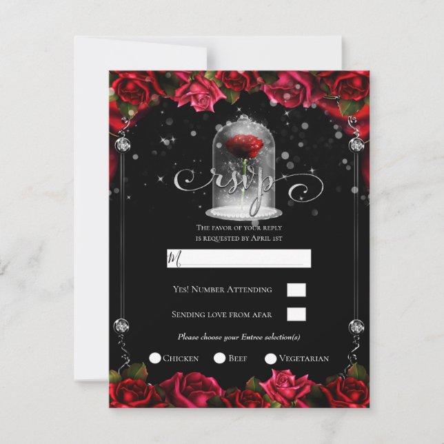 Invitation Rose Rouge Magique Or Blanc Argent Noir RSVP (Devant)