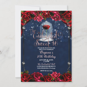 Invitation Rose Rouge Marine Bleu & Or Sweet 16 16ème Fête