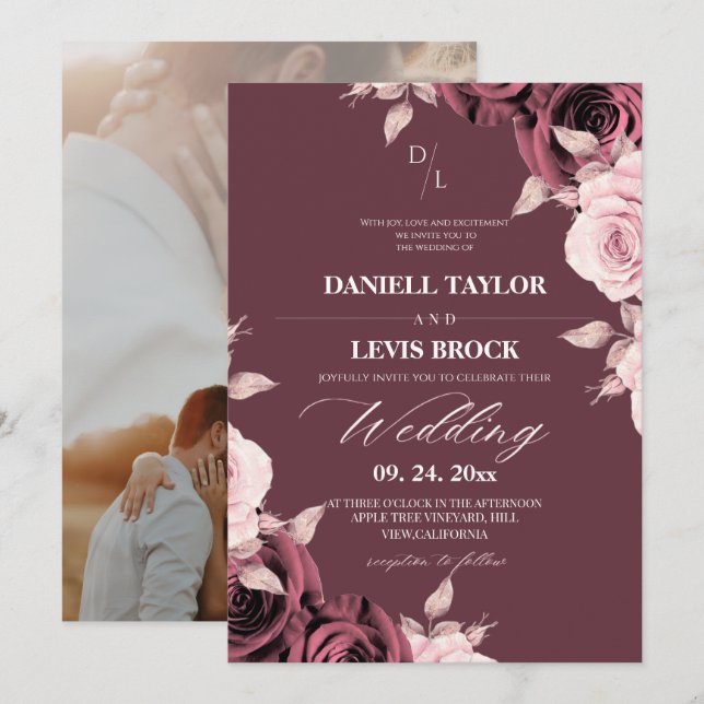 Invitation Rose Rouge Mauve Florale Mariage  (Devant / Derrière)