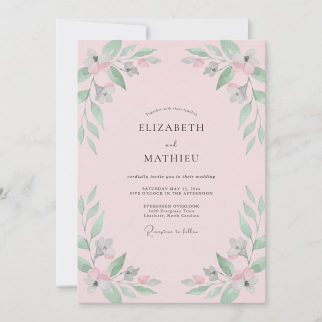 Invitation Rose Rouge Menthe Feuillage Eucalyptus Mariage (Devant)