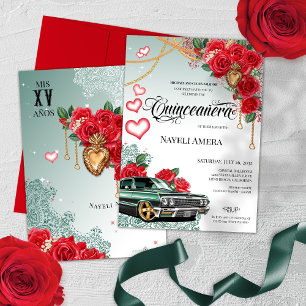 Invitation Rose rouge Mexicana Vert Lowrider Chola Quinceaner