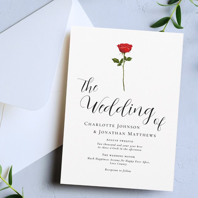 Invitation Rose Rouge Minimaliste Écriture Élégante (Single red rose elegant script minimalist wedding invitation Watercolor floral modern calligraphy )