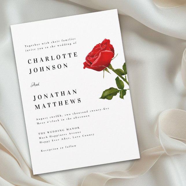Invitation Rose rouge minimaliste Élégant Moderne (Romantic red rose minimal modern wedding invitation simple classic Watercolor floral)