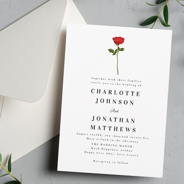Invitation Rose rouge minimaliste Élégant moderne (Simple red rose watercolor elegant modern wedding invitation. Watercolor floral stylish romantic )