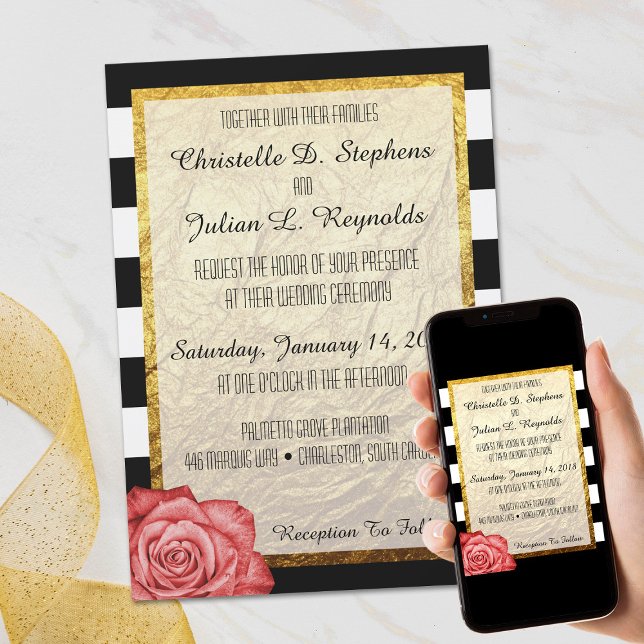 Invitation Rose rouge moderne faux papier d'or rayé mariage (Créateur téléchargé)