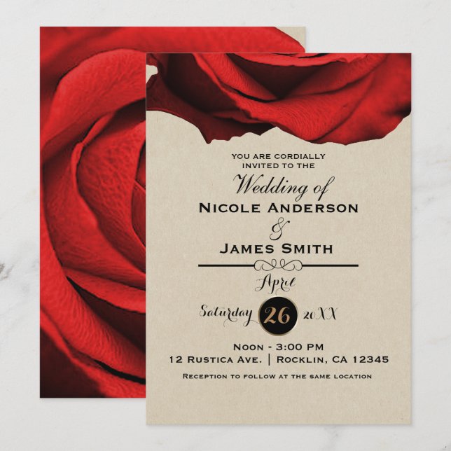 Invitation Rose Rouge Moderne Rustique Kraft Glam Élégant Mar (Devant / Derrière)