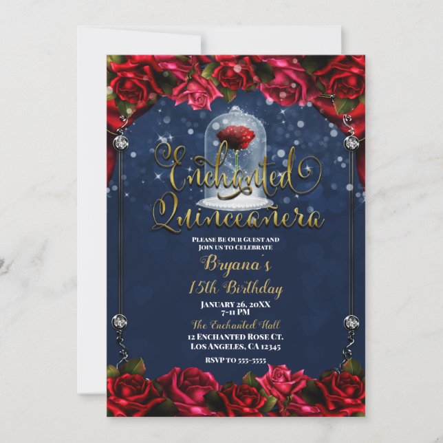 Invitation Rose Rouge Navy Bleu Or Enchantée Quinceañera 15 (Devant)
