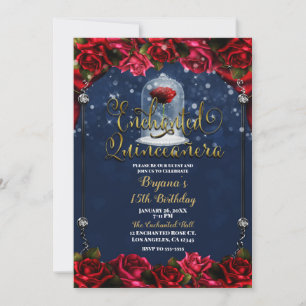 Invitation Rose Rouge Navy Bleu Or Enchantée Quinceañera 15