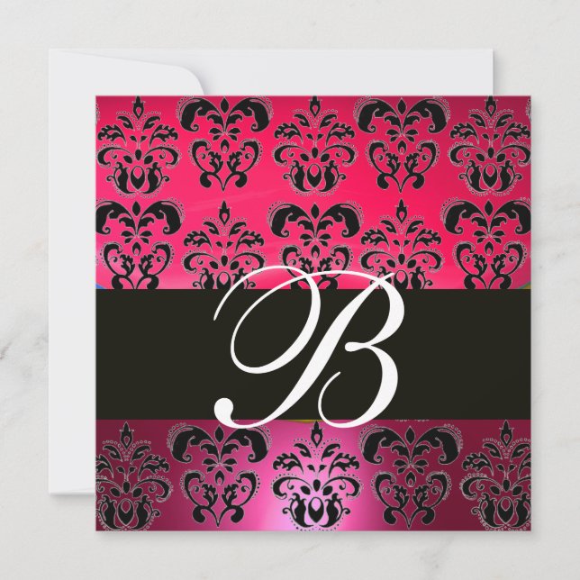 Invitation ROSE ROUGE NOIR DAMASK MONOGRAM fuchsia blanc (Devant)