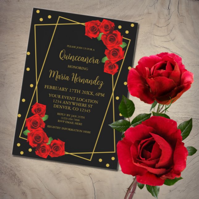 Invitation Rose rouge Noir et or Quinceañera (Créateur téléchargé)