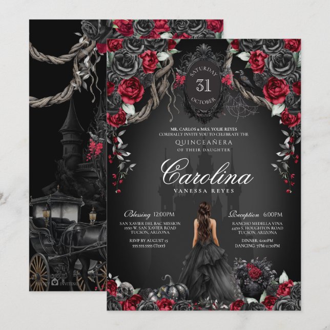 Invitation Rose rouge noir gothique Hauné Château Quinceanera (Devant / Derrière)