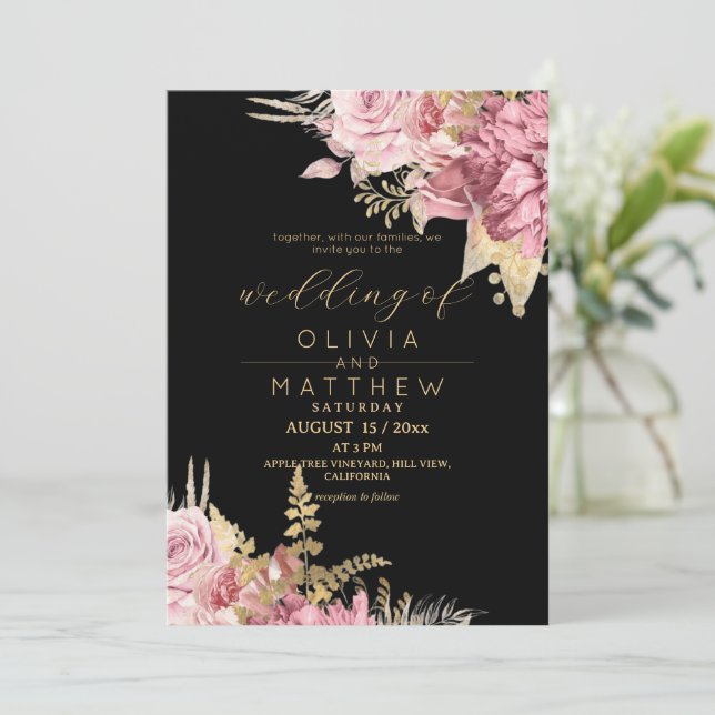 Invitation Rose Rouge Noir ⎮ Mariage Floral Moderne Or (Debout devant)