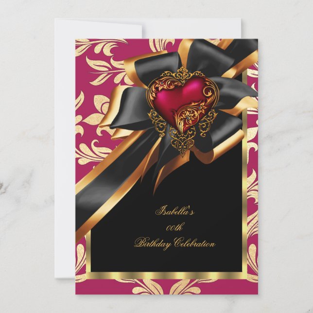 Invitation Rose Rouge Or Coeur Bow Noir Anniversaire Partie 2 (Devant)