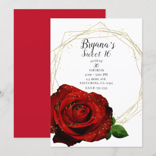 Invitation Rose Rouge Or Géométrique Glamour Douce Fête 16 An