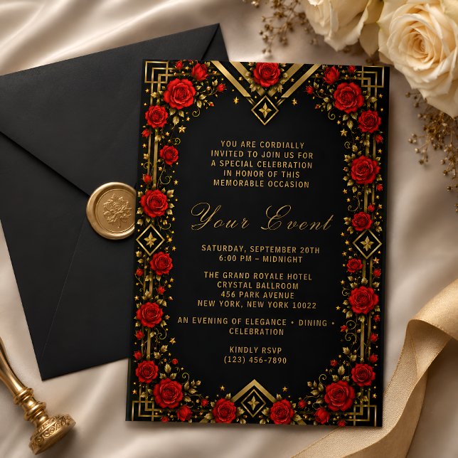 Invitation Rose rouge or luxe noir (Créateur téléchargé)