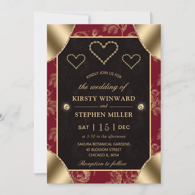 Invitation Rose rouge & or Motif et Mariage de coeur or (Devant)