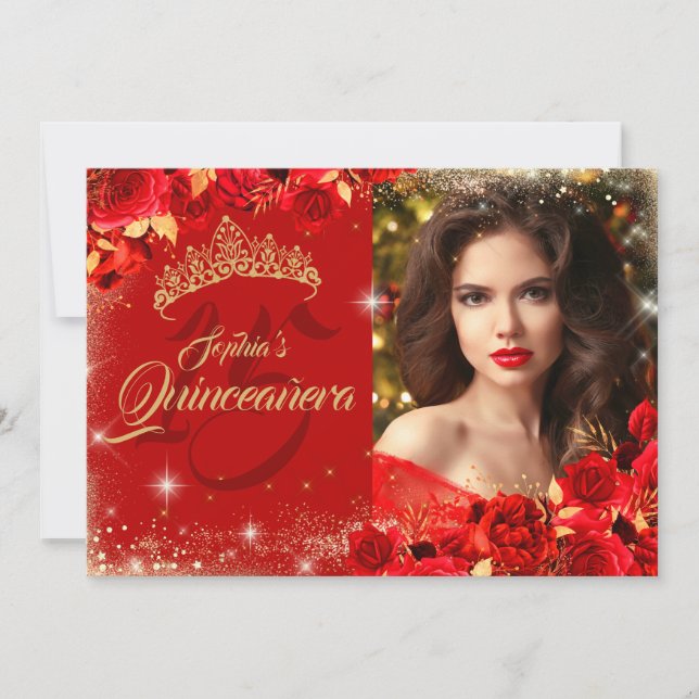 Invitation Rose rouge or Quinceanera photo florale (Devant)