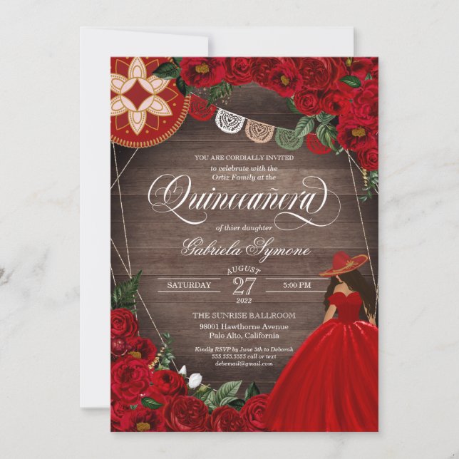 Invitation Rose rouge Ouest Charra Mariachi Quinceañera (Devant)