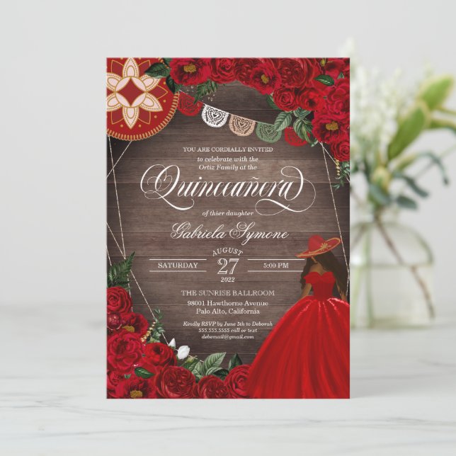 Invitation Rose rouge Ouest Charra Mariachi Quinceañera (Debout devant)