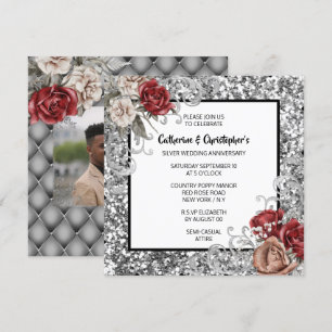 Invitation Rose rouge paillettes argentées scintillement rose