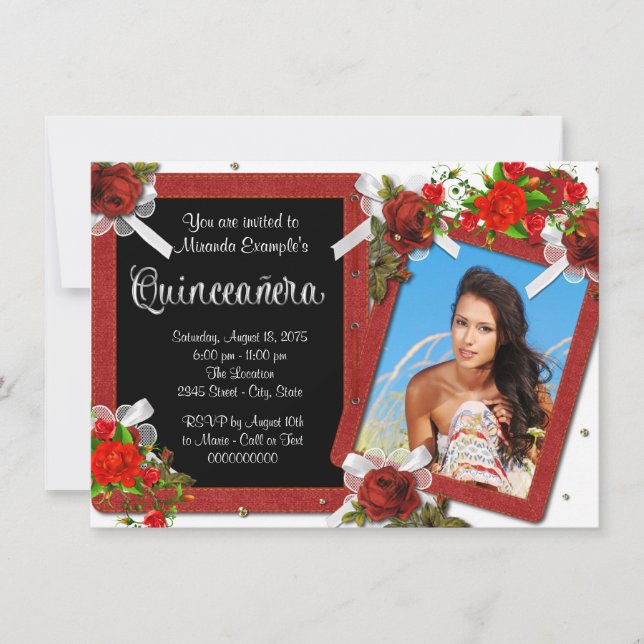 Invitation Rose rouge photo Quinceanera (Devant)