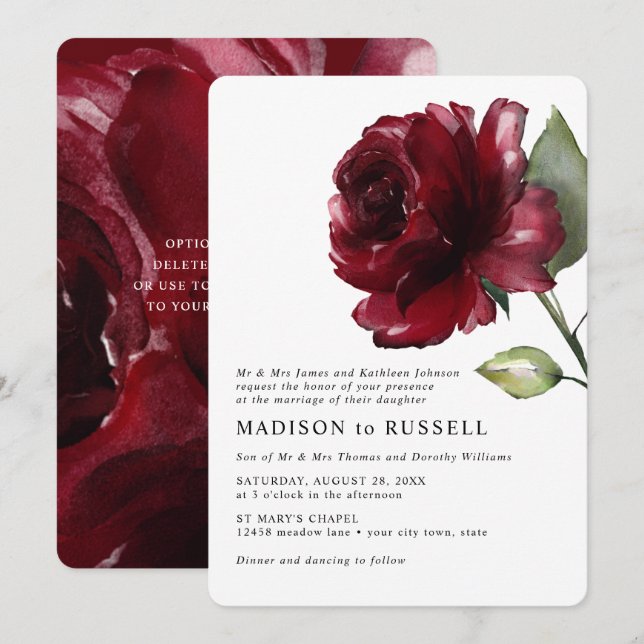 Invitation Rose rouge profond aquarelle simple Mariage Formel (Devant / Derrière)