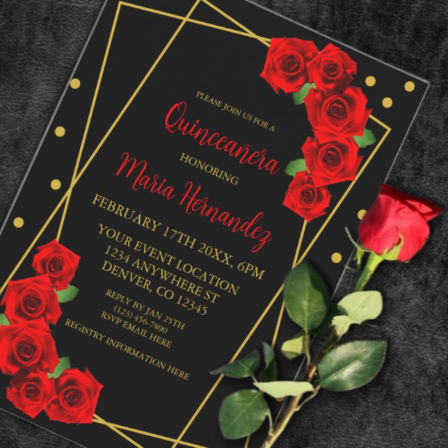 Invitation Rose Rouge Quinceañera Noir et Or (Créateur téléchargé)