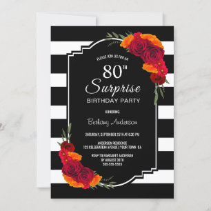 Invitation Rose rouge rayé Surprise 80e anniversaire