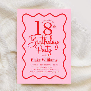 Invitation Rose Rouge Rétro 18e Anniversaire Bordure Ondulée