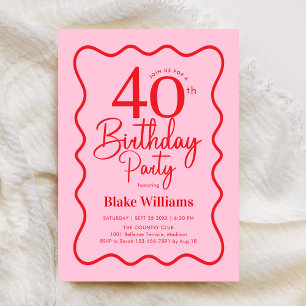 Invitation Rose Rouge Rétro 40e Anniversaire Bordure Ondulée