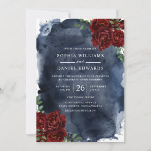 Invitation Rose rouge romantique et Mariage d'aquarelle marin