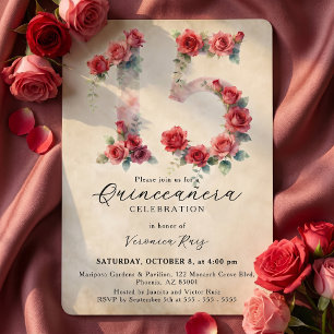 Invitation Rose rouge rose aquarelle vintage Quinceañera