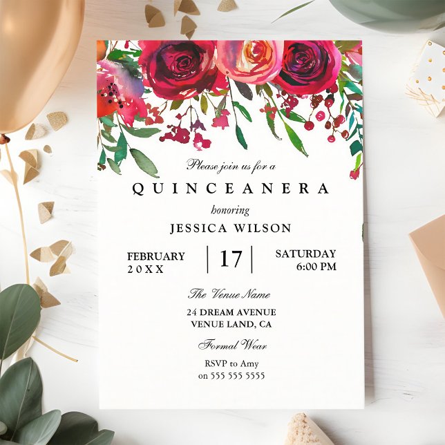 Invitation Rose Rouge Rose Quinceanera Douce 15 (Créateur téléchargé)