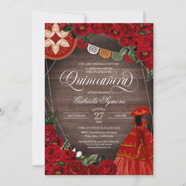 Invitation Rose rouge Rustique Charra / Robe Mariachi Quincea (Devant)