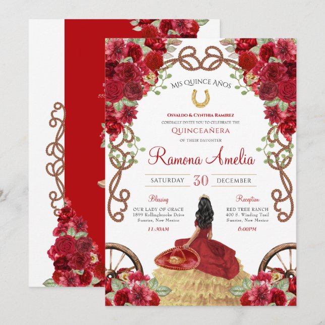 Invitation Rose rouge Rustique Charro Western Quinceañera (Devant / Derrière)