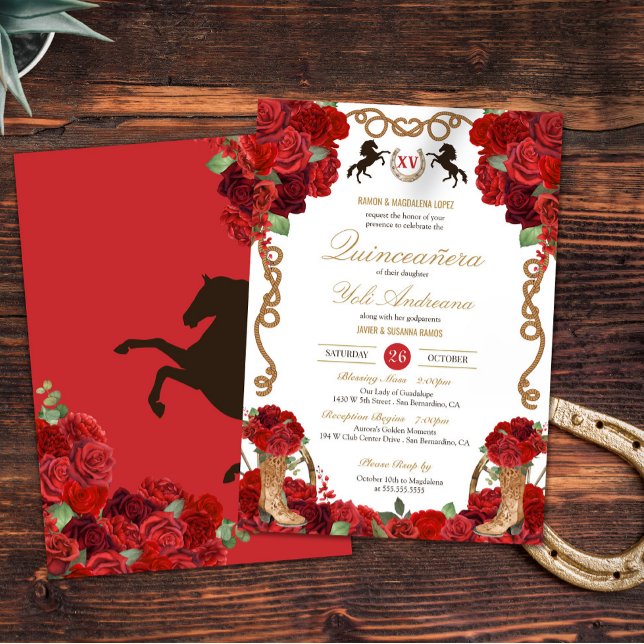 Invitation Rose rouge rustique Élégant Charro Quinceañera (Créateur téléchargé)