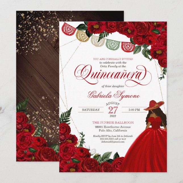 Invitation Rose rouge rustique élégant Occidental Charra Quin (Devant / Derrière)