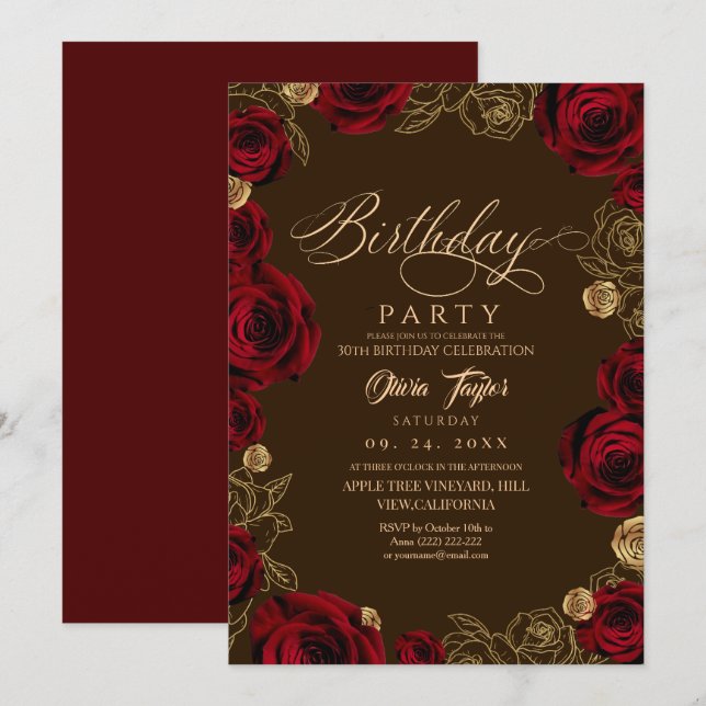 Invitation Rose rouge script burgundy rustique Anniversaire  (Devant / Derrière)