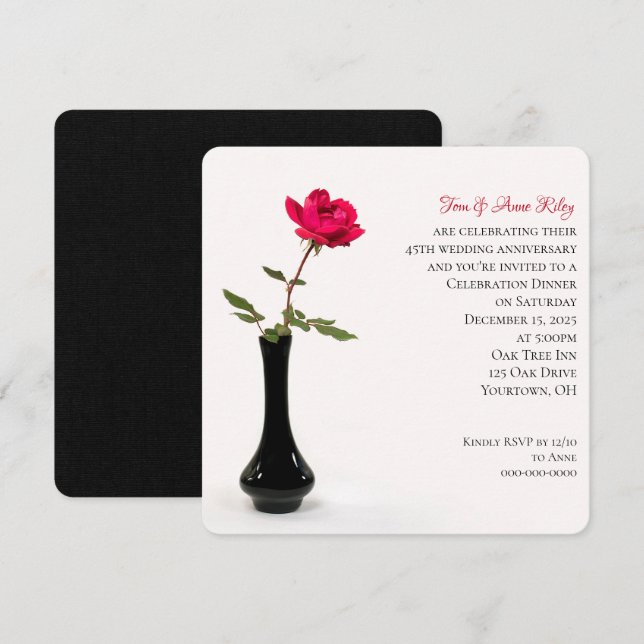 Invitation Rose rouge simple dans le vase noir anniversaire (Devant / Derrière)