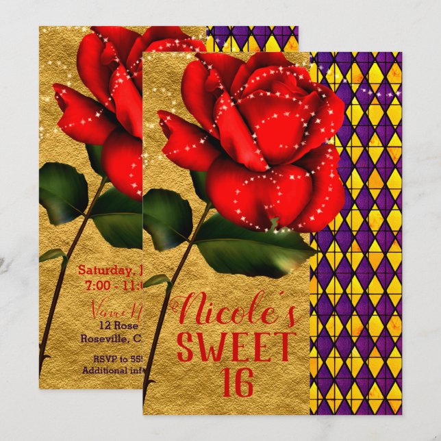 Invitation Rose rouge Sparkle de conte de fées Sweet 16 (Devant / Derrière)