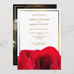 Invitation Rose rouge sur blanc   Cadre Gold avec Mariage pho