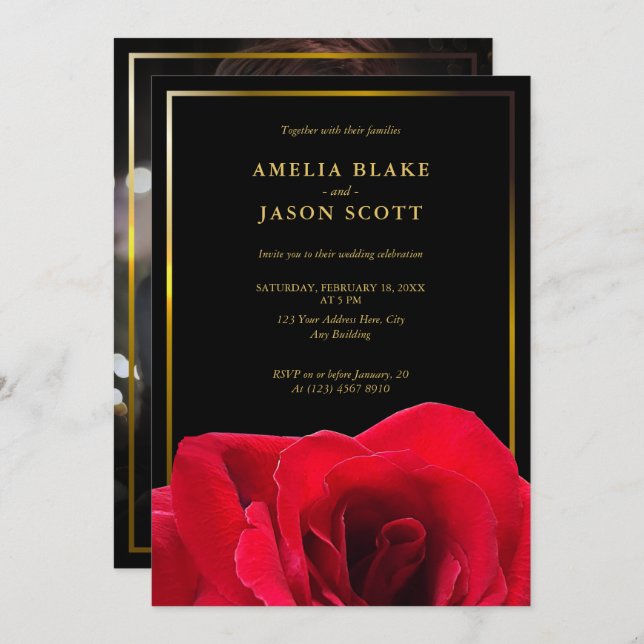 Invitation Rose rouge sur noir | Cadre Gold avec Mariage phot (Devant / Derrière)