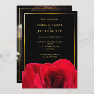 Invitation Rose rouge sur noir   Cadre Gold avec Mariage phot