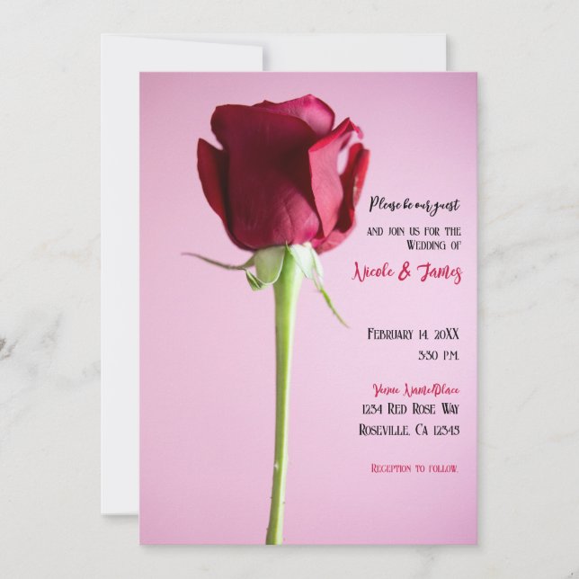 Invitation Rose rouge unique rose romantique élégant mariage (Devant)