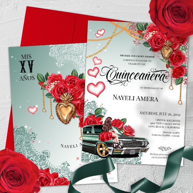 Invitation Rose rouge Vert Lowrider Mexicana Chola Quinceaner (Créateur téléchargé)