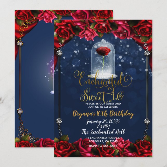 Invitation Rose Rouges Bleu Marine & Or Fête Douce 16 Party (Devant / Derrière)