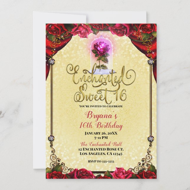 Invitation Rose Rouges Jaune & Or Douce 16 16ème Fête (Devant)