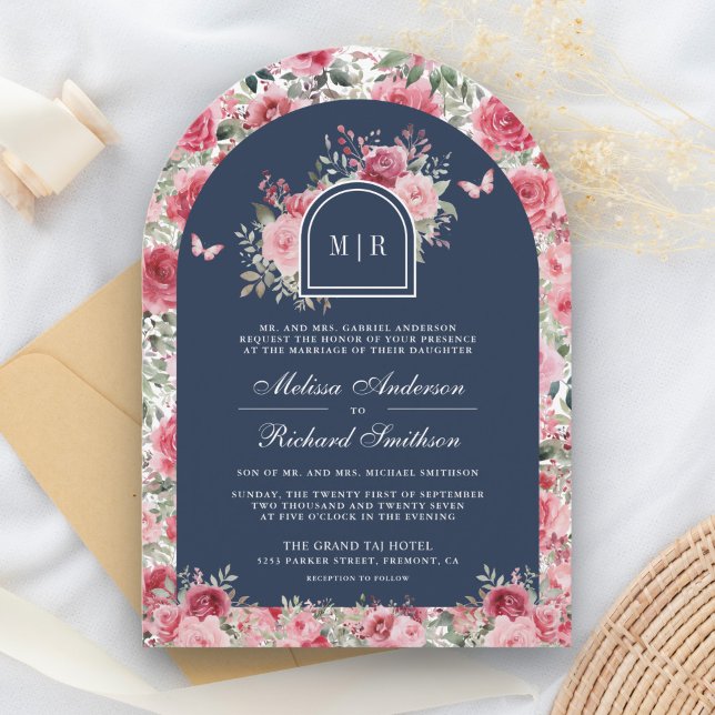 Invitation Rose rouges roses papillon marine de mariage de la (Créateur téléchargé)